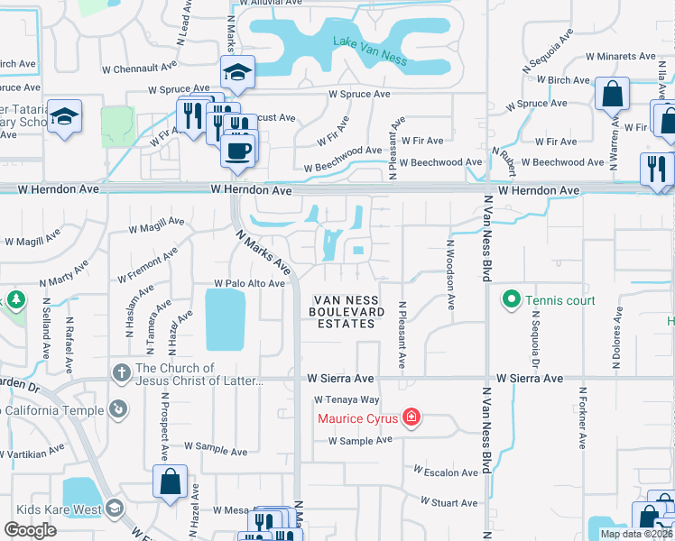 map of restaurants, bars, coffee shops, grocery stores, and more near 6625 North Seedlescombe Drive in Fresno