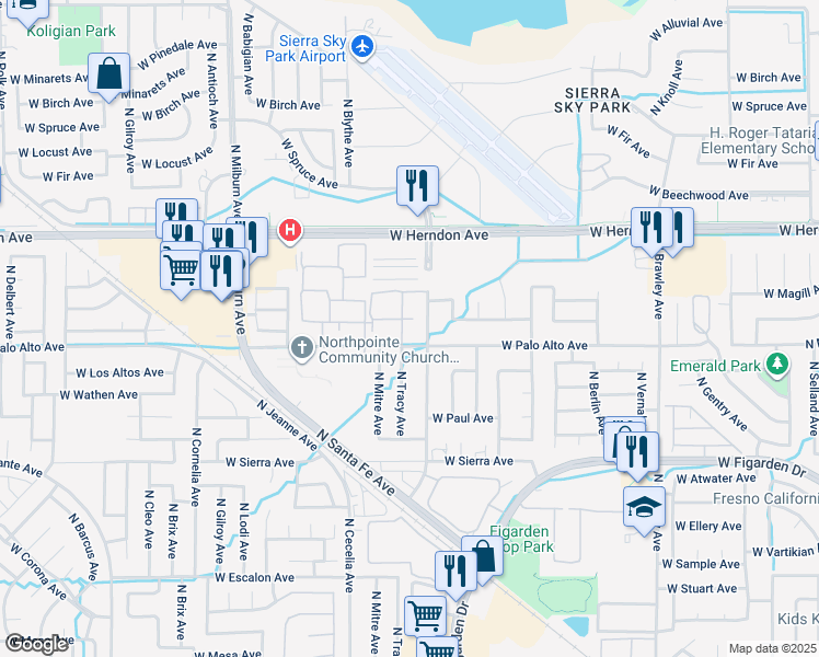 map of restaurants, bars, coffee shops, grocery stores, and more near 4464 West Palo Alto Avenue in Fresno