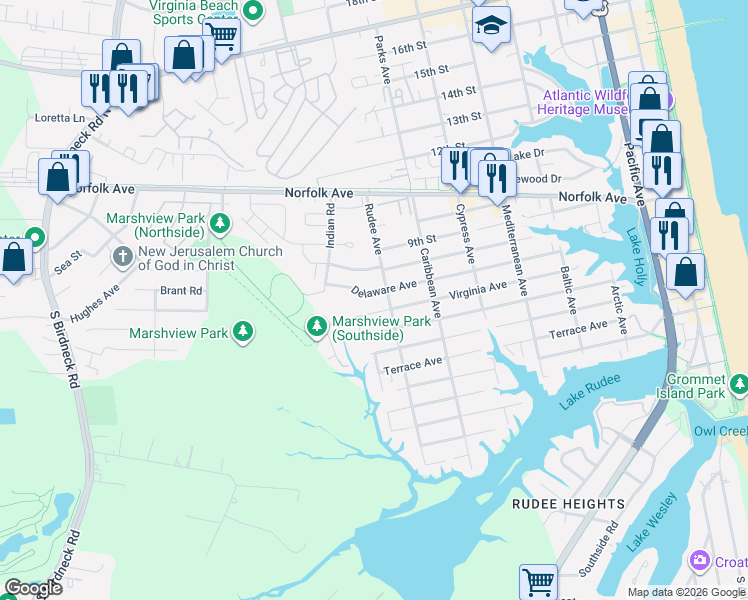 map of restaurants, bars, coffee shops, grocery stores, and more near 910 Delaware Avenue in Virginia Beach
