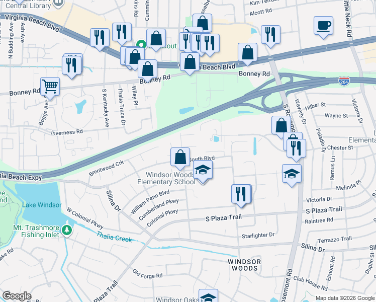 map of restaurants, bars, coffee shops, grocery stores, and more near 121 Palace Green Boulevard in Virginia Beach