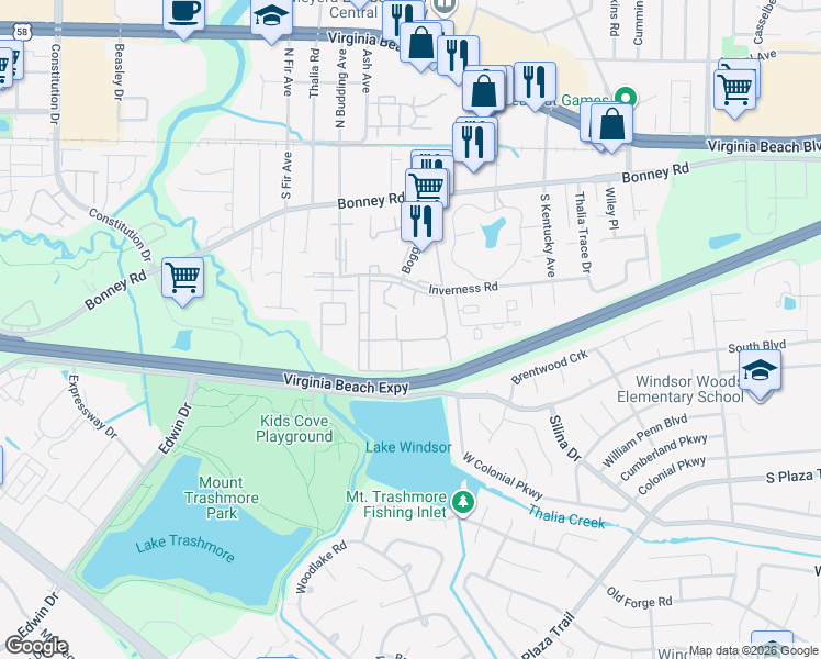 map of restaurants, bars, coffee shops, grocery stores, and more near 108 Lancaster Court in Virginia Beach