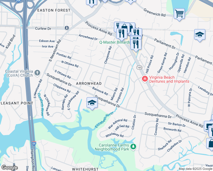 map of restaurants, bars, coffee shops, grocery stores, and more near 5641 South Pawnee Road in Virginia Beach