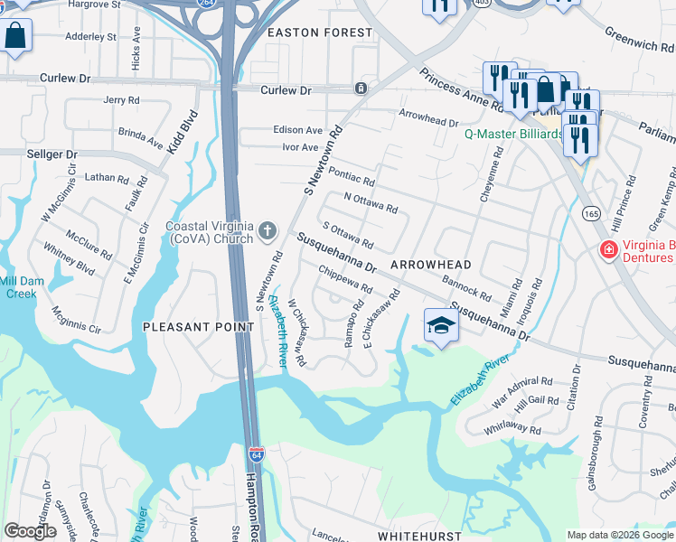 map of restaurants, bars, coffee shops, grocery stores, and more near 304 Cherokee Road in Virginia Beach