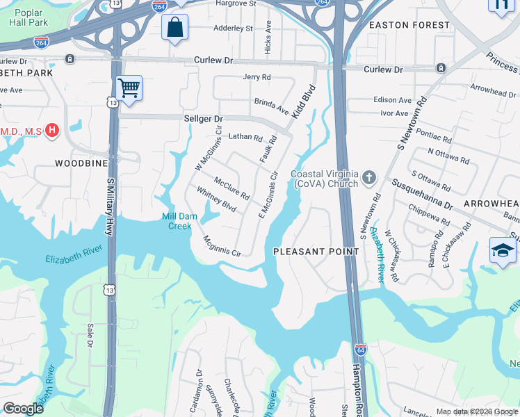 map of restaurants, bars, coffee shops, grocery stores, and more near in Norfolk