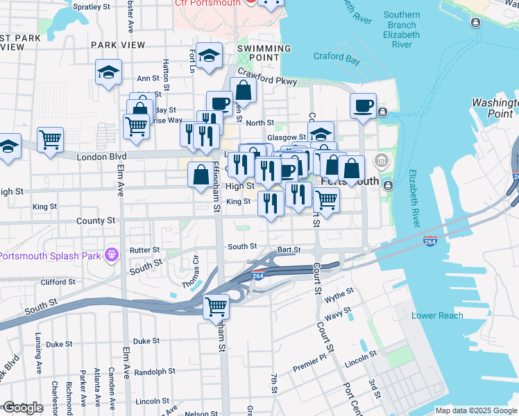 map of restaurants, bars, coffee shops, grocery stores, and more near 615 Green Street in Portsmouth