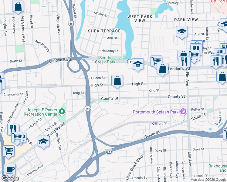 map of restaurants, bars, coffee shops, grocery stores, and more near 1907 King Street in Portsmouth