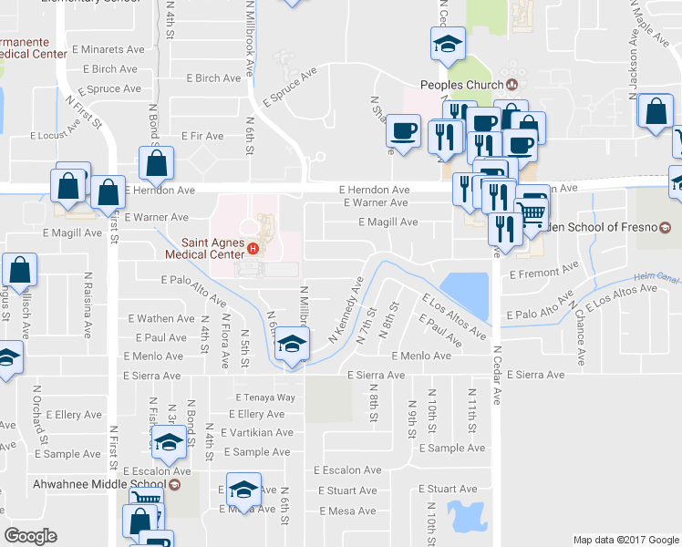 map of restaurants, bars, coffee shops, grocery stores, and more near 1480 East Los Altos Avenue in Fresno