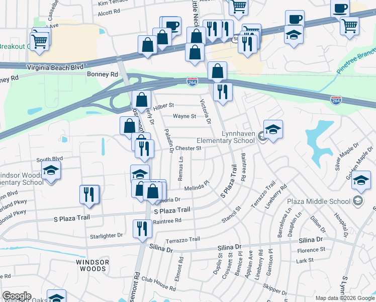 map of restaurants, bars, coffee shops, grocery stores, and more near 201 Cassady Avenue in Virginia Beach