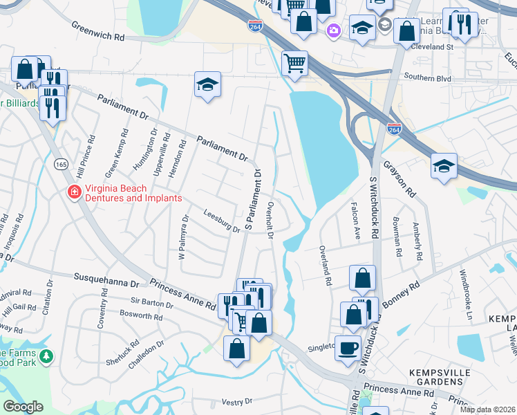 map of restaurants, bars, coffee shops, grocery stores, and more near 240 South Parliament Drive in Virginia Beach