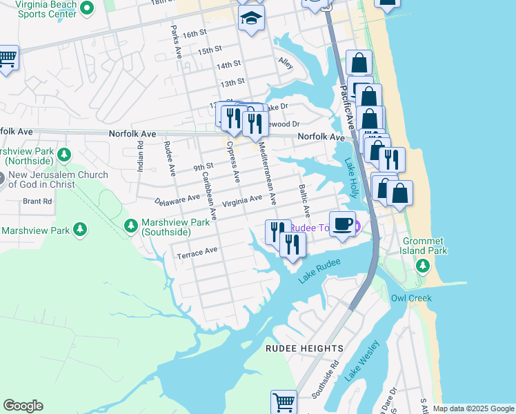 map of restaurants, bars, coffee shops, grocery stores, and more near 617 Carolina Ave in Virginia Beach