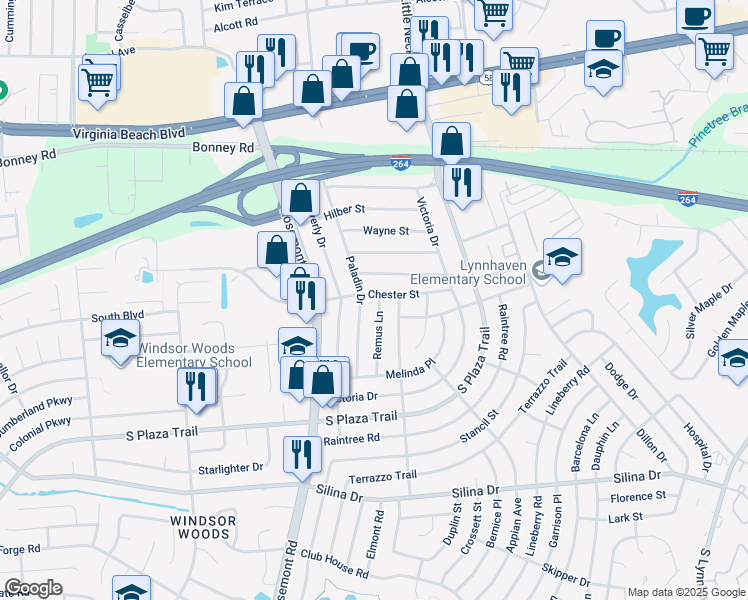 map of restaurants, bars, coffee shops, grocery stores, and more near 201 Paladin Drive in Virginia Beach