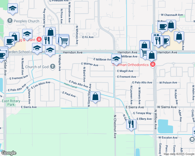 map of restaurants, bars, coffee shops, grocery stores, and more near 2801 East Fremont Avenue in Fresno