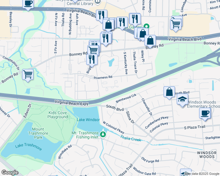 map of restaurants, bars, coffee shops, grocery stores, and more near 200 Shortleaf Court in Virginia Beach