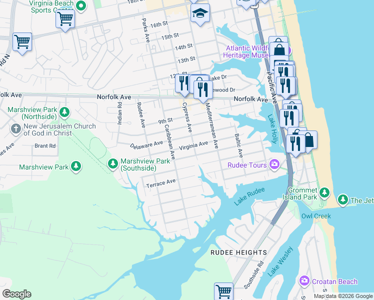 map of restaurants, bars, coffee shops, grocery stores, and more near 704 Virginia Avenue in Virginia Beach