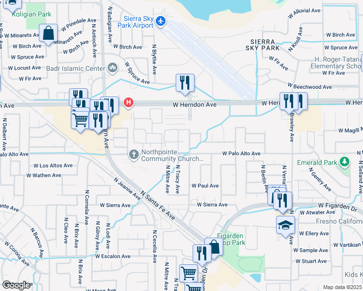 map of restaurants, bars, coffee shops, grocery stores, and more near 4464 West Palo Alto Avenue in Fresno