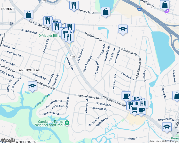 map of restaurants, bars, coffee shops, grocery stores, and more near 5448 Mount Jackson Court in Virginia Beach