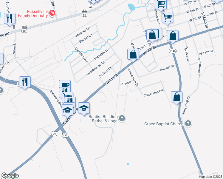 map of restaurants, bars, coffee shops, grocery stores, and more near 915 West 9th Street in Russellville