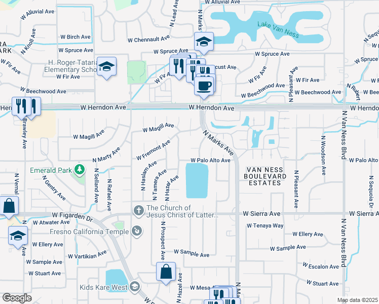 map of restaurants, bars, coffee shops, grocery stores, and more near 3179 West Los Altos Avenue in Fresno