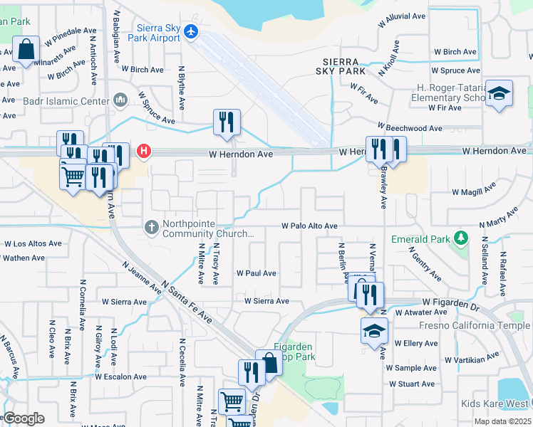 map of restaurants, bars, coffee shops, grocery stores, and more near 4313 West Fremont Avenue in Fresno