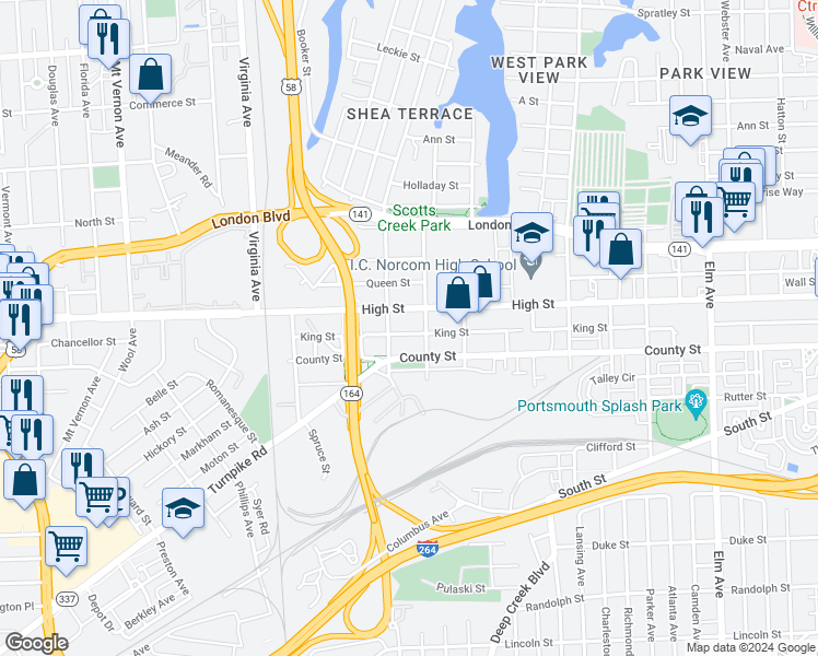 map of restaurants, bars, coffee shops, grocery stores, and more near 2008 King Street in Portsmouth