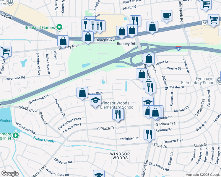 map of restaurants, bars, coffee shops, grocery stores, and more near 145 Presidential Boulevard in Virginia Beach