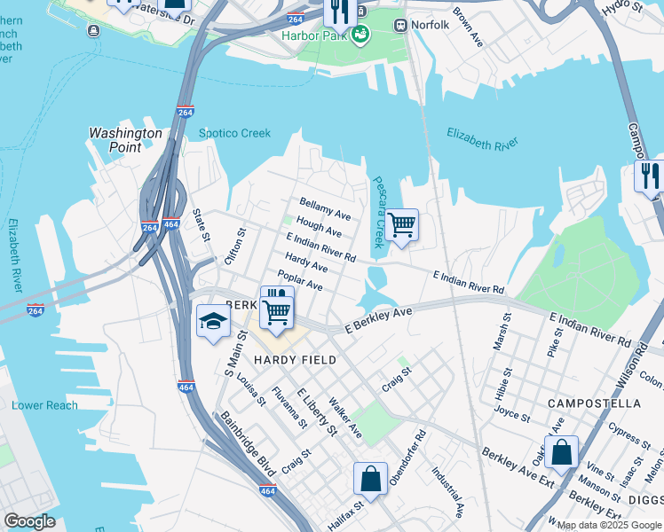 map of restaurants, bars, coffee shops, grocery stores, and more near 224 Hardy Avenue in Norfolk