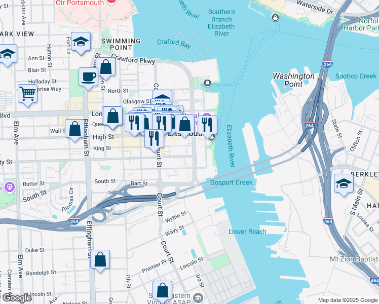 map of restaurants, bars, coffee shops, grocery stores, and more near 701 Crawford Street in Portsmouth