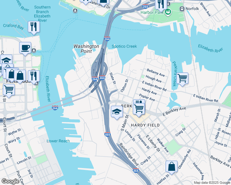 map of restaurants, bars, coffee shops, grocery stores, and more near 531 Clifton Street in Norfolk