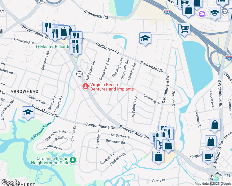 map of restaurants, bars, coffee shops, grocery stores, and more near 5434 Hunt Club Drive in Virginia Beach