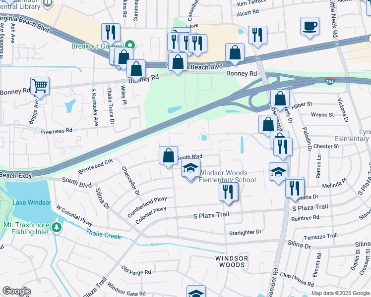 map of restaurants, bars, coffee shops, grocery stores, and more near 3701 Gateway Place in Virginia Beach
