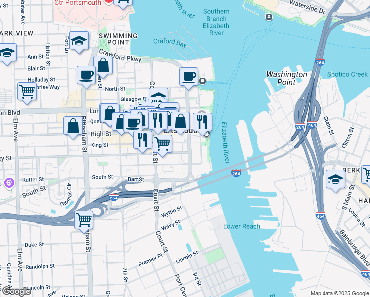 map of restaurants, bars, coffee shops, grocery stores, and more near 600 Crawford Street in Portsmouth