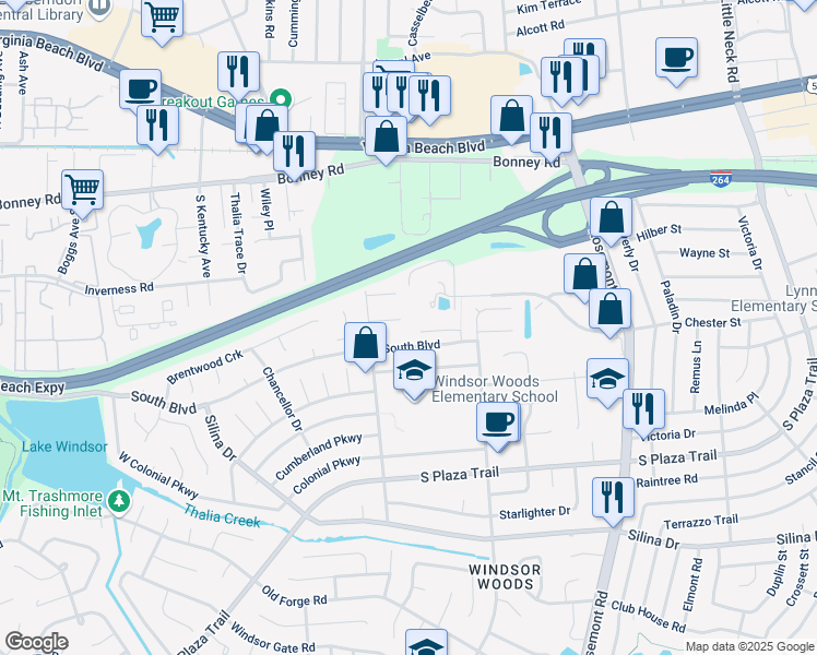 map of restaurants, bars, coffee shops, grocery stores, and more near 3701 Gateway Place in Virginia Beach