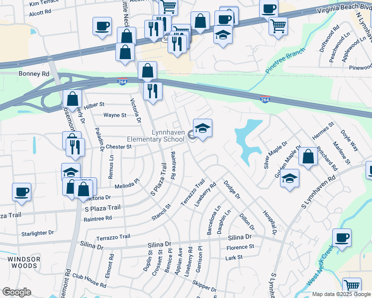 map of restaurants, bars, coffee shops, grocery stores, and more near 217 Dillon Drive in Virginia Beach
