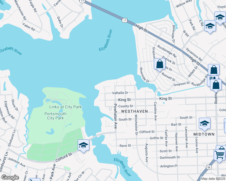 map of restaurants, bars, coffee shops, grocery stores, and more near 4700 Valhalla Drive in Portsmouth