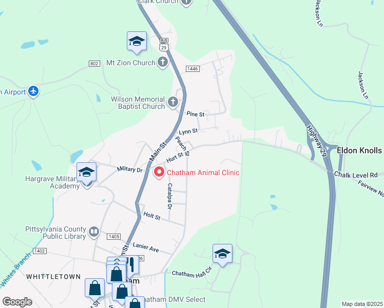 map of restaurants, bars, coffee shops, grocery stores, and more near 335 Peach Street in Chatham