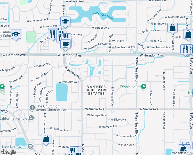 map of restaurants, bars, coffee shops, grocery stores, and more near 6625 North Seedlescombe Drive in Fresno