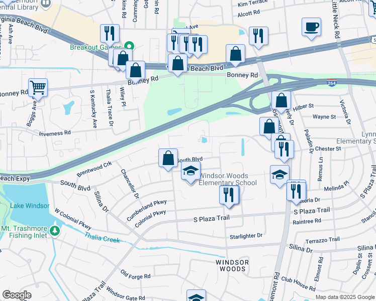 map of restaurants, bars, coffee shops, grocery stores, and more near 3701 Gateway Place in Virginia Beach