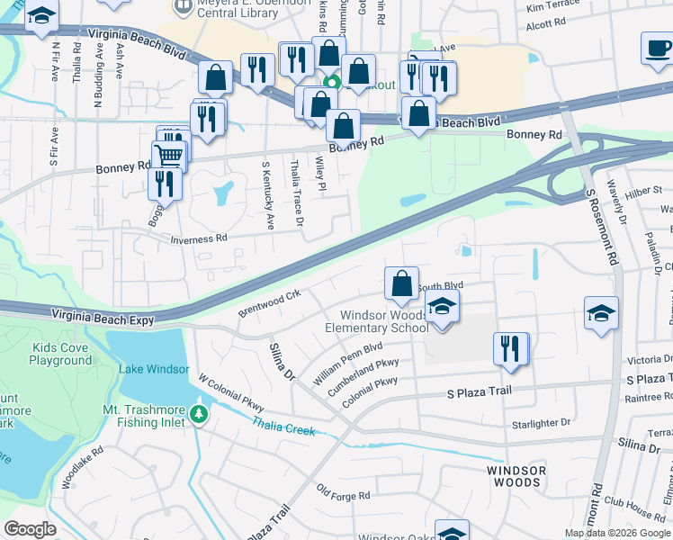 map of restaurants, bars, coffee shops, grocery stores, and more near 3821 Brentwood Crescent in Virginia Beach