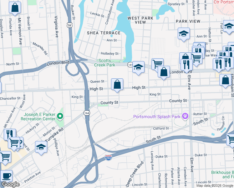 map of restaurants, bars, coffee shops, grocery stores, and more near 1907 King Street in Portsmouth