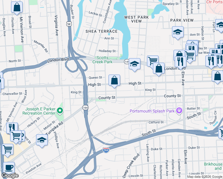 map of restaurants, bars, coffee shops, grocery stores, and more near 1907 King Street in Portsmouth