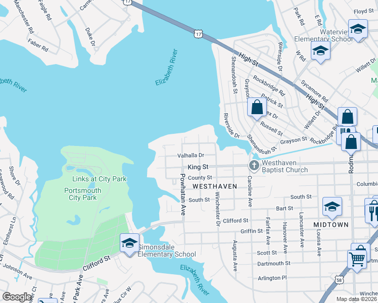 map of restaurants, bars, coffee shops, grocery stores, and more near 4700 Valhalla Drive in Portsmouth