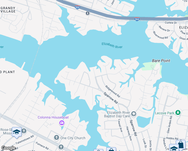 map of restaurants, bars, coffee shops, grocery stores, and more near 107 Commonwealth Avenue in Chesapeake