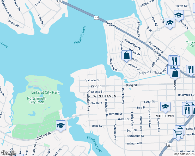 map of restaurants, bars, coffee shops, grocery stores, and more near 4522 Valhalla Drive in Portsmouth