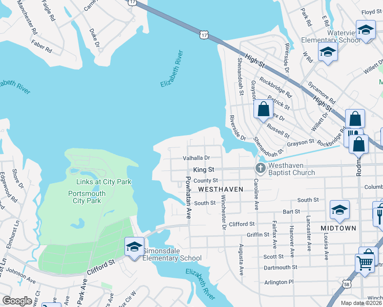 map of restaurants, bars, coffee shops, grocery stores, and more near 4700 Valhalla Drive in Portsmouth