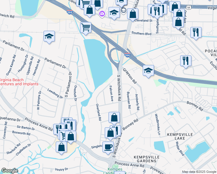 map of restaurants, bars, coffee shops, grocery stores, and more near 228 Falcon Avenue in Virginia Beach