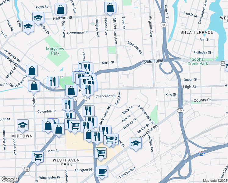 map of restaurants, bars, coffee shops, grocery stores, and more near 2809 High Street in Portsmouth