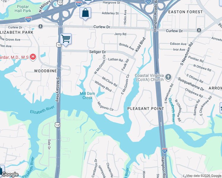 map of restaurants, bars, coffee shops, grocery stores, and more near 5944 Whitney Boulevard in Norfolk
