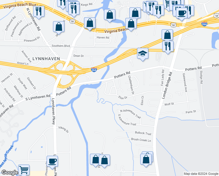 map of restaurants, bars, coffee shops, grocery stores, and more near 2512 Dellwood Drive in Virginia Beach