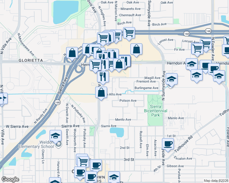 map of restaurants, bars, coffee shops, grocery stores, and more near 827 Palo Alto Avenue in Clovis