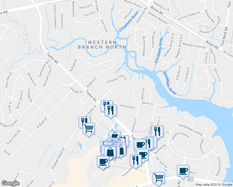 map of restaurants, bars, coffee shops, grocery stores, and more near 4724 North Elizabeth Harbor Drive in Chesapeake